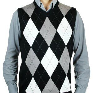 Men's Argyle V-Neck Sweater Vest - Black, Gray & White